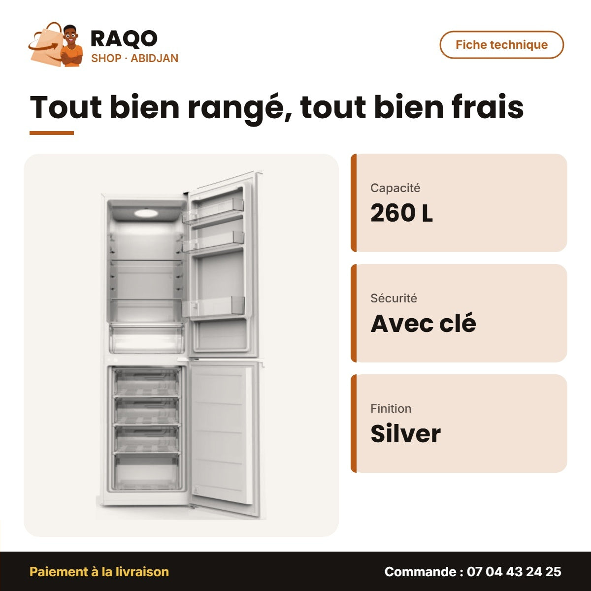 Réfrigérateur Combiné Nasco 4 Tiroirs – Silver – 260L Net – Avec Clé | SNASD2-350