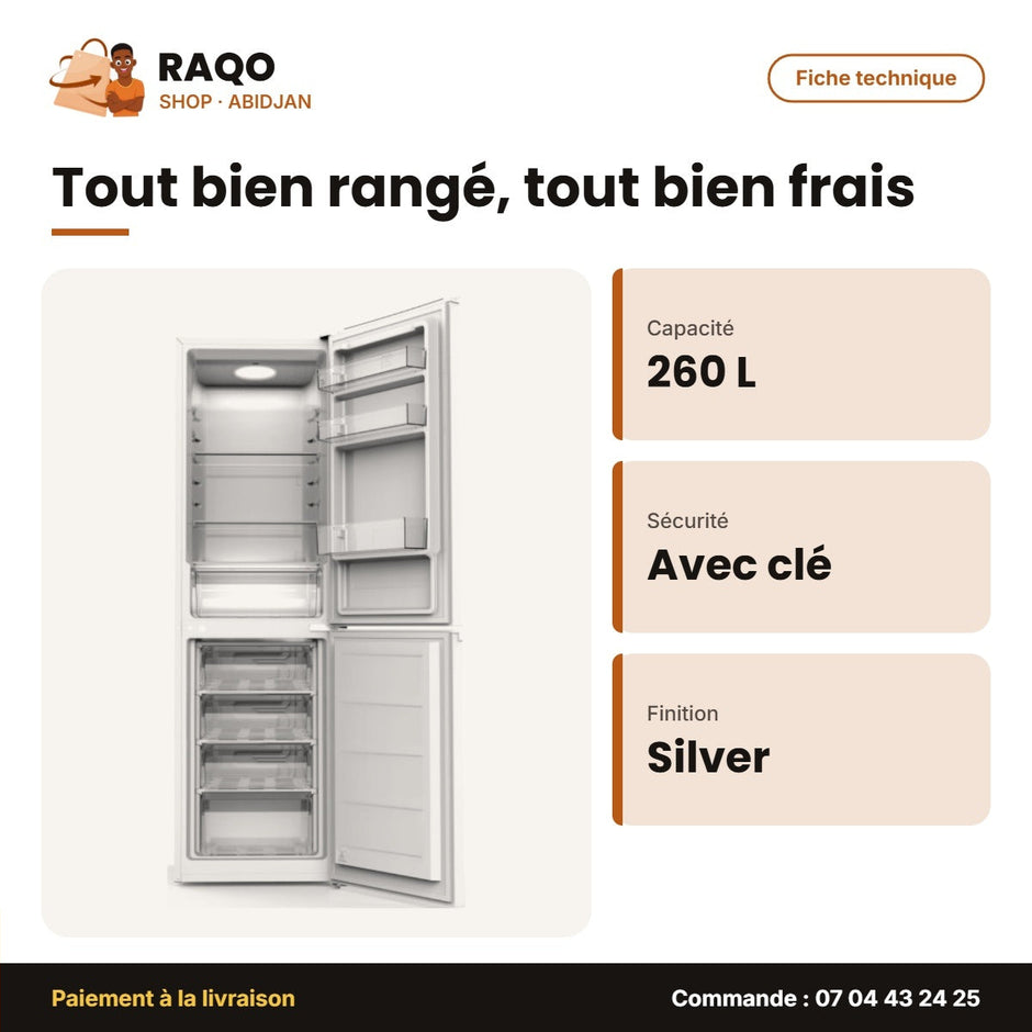 Réfrigérateur Combiné Nasco 4 Tiroirs – Silver – 260L Net – Avec Clé | SNASD2-350