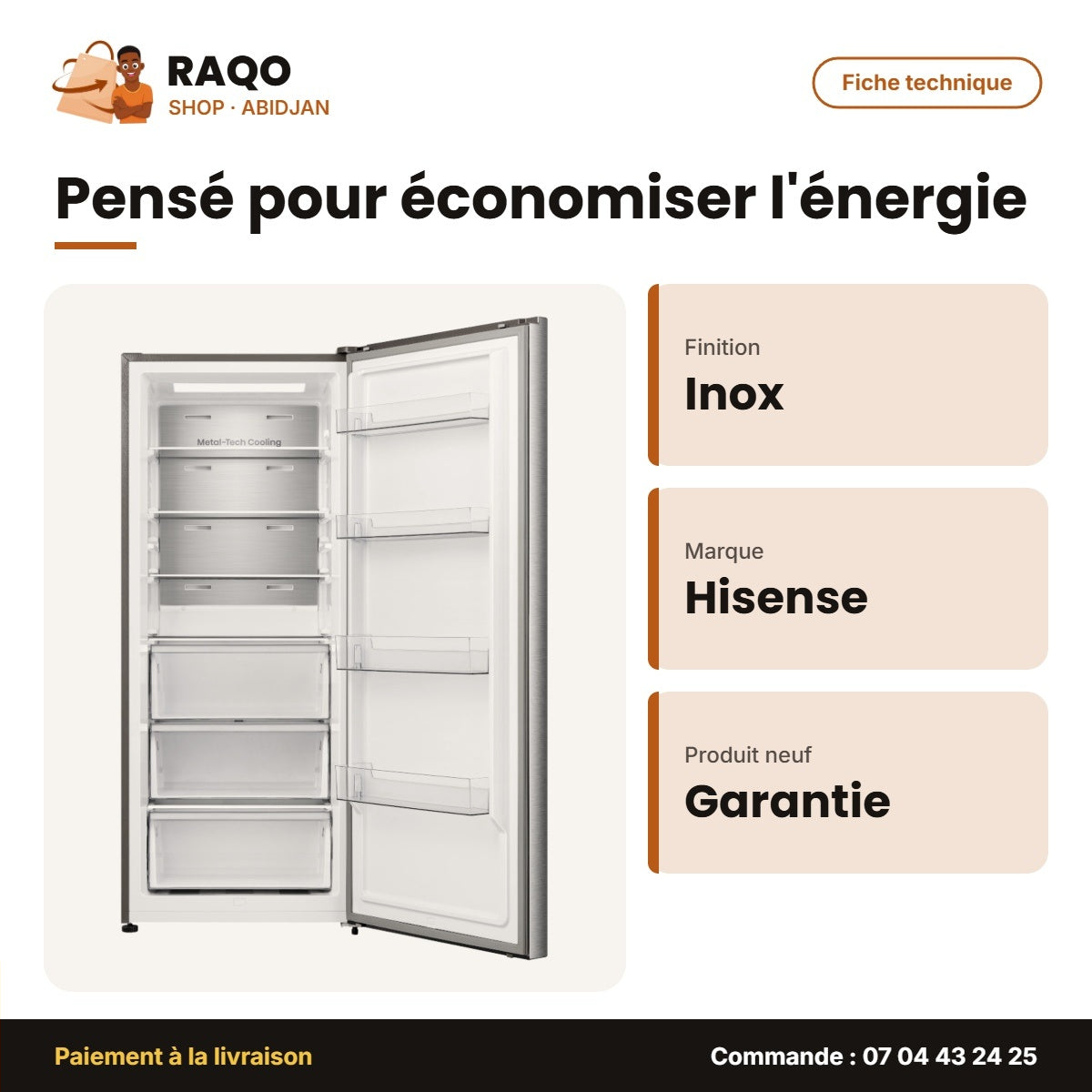 Congélateur Vertical Hisense – 3TIR.+4ETAG. – Inox – No-Frost | RS-60WC