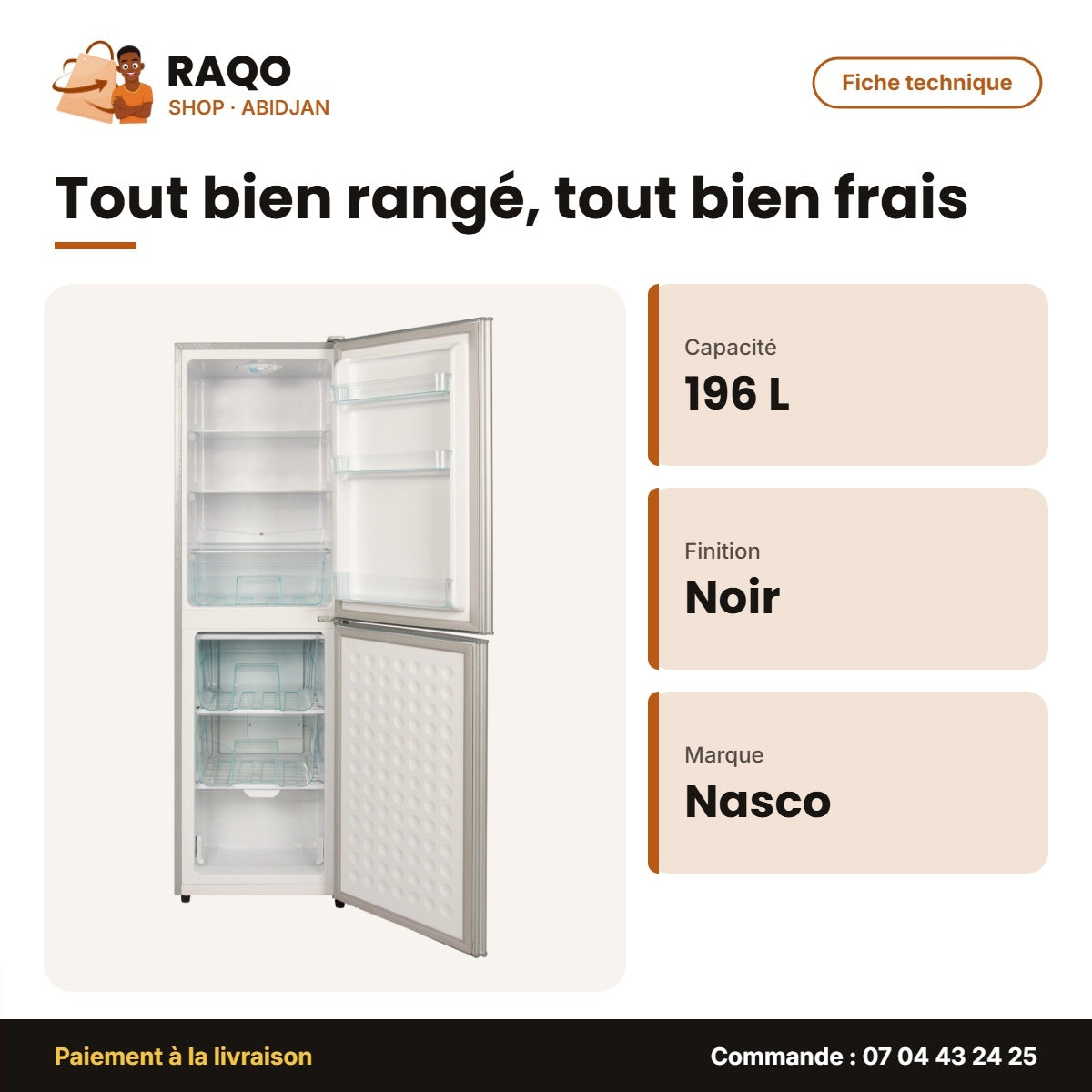 Réfrigérateur Combiné Nasco – 196L (79+117) – 3 Tiroirs – Noir | NASD2-293FL-GD