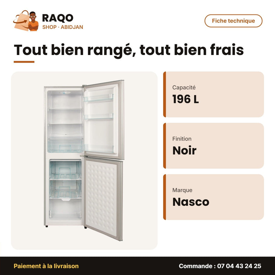 Réfrigérateur Combiné Nasco – 196L (79+117) – 3 Tiroirs – Noir | NASD2-293FL-GD