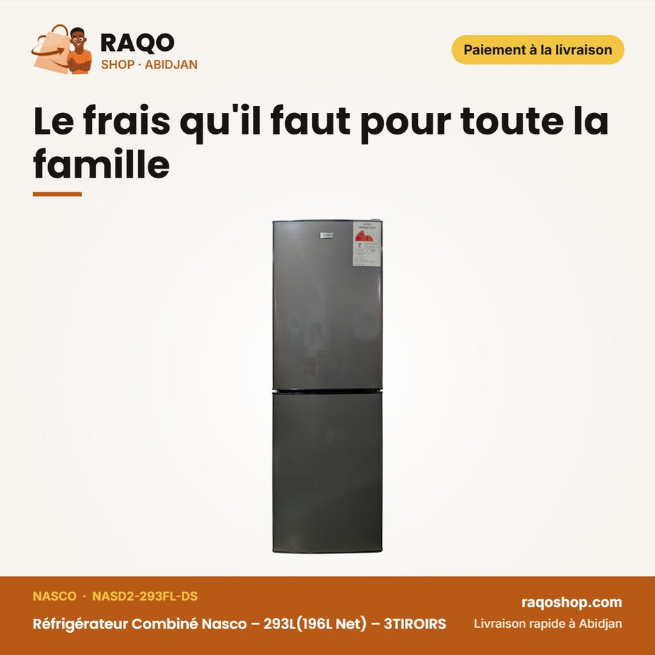Réfrigérateur Combiné Nasco – 293L(196L Net) – 3TIROIRS – Dark Silver | NASD2-293FL-DS