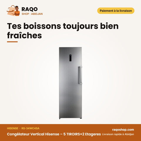 Congélateur Vertical Hisense – 5 TIROIRS+2 Etageres – Stainless Steel Look | RS-34WC4SA
