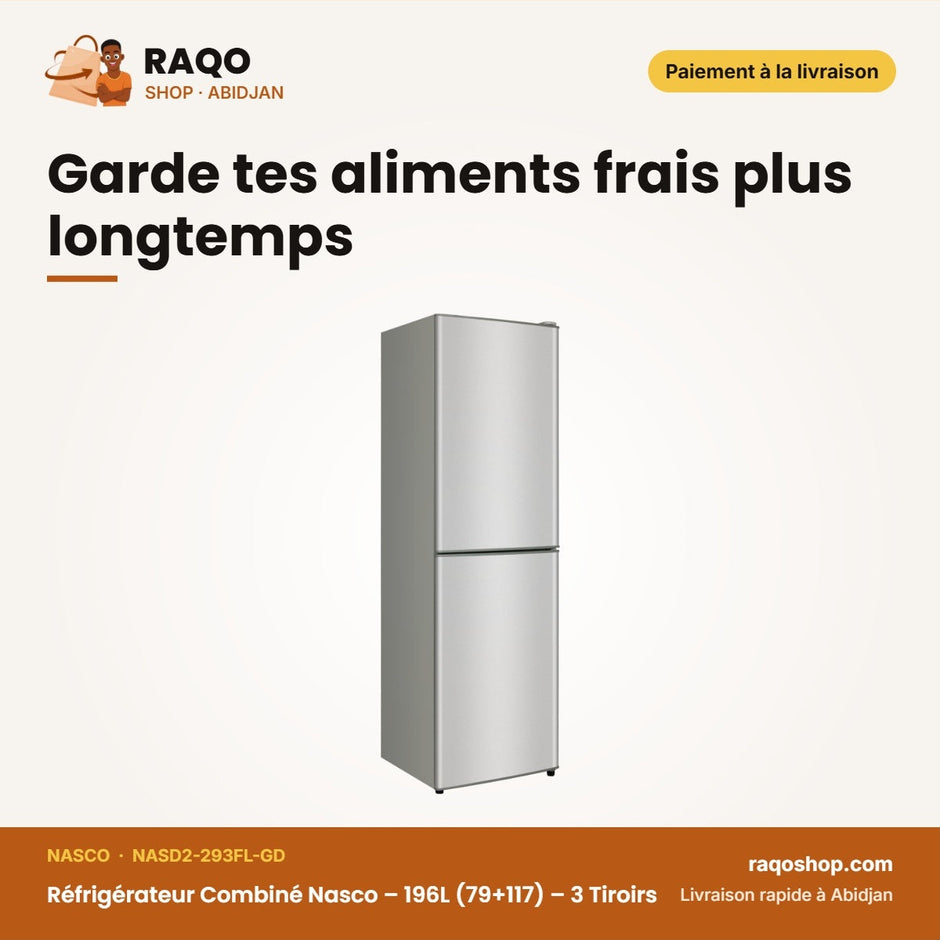 Réfrigérateur Combiné Nasco – 196L (79+117) – 3 Tiroirs – Noir | NASD2-293FL-GD