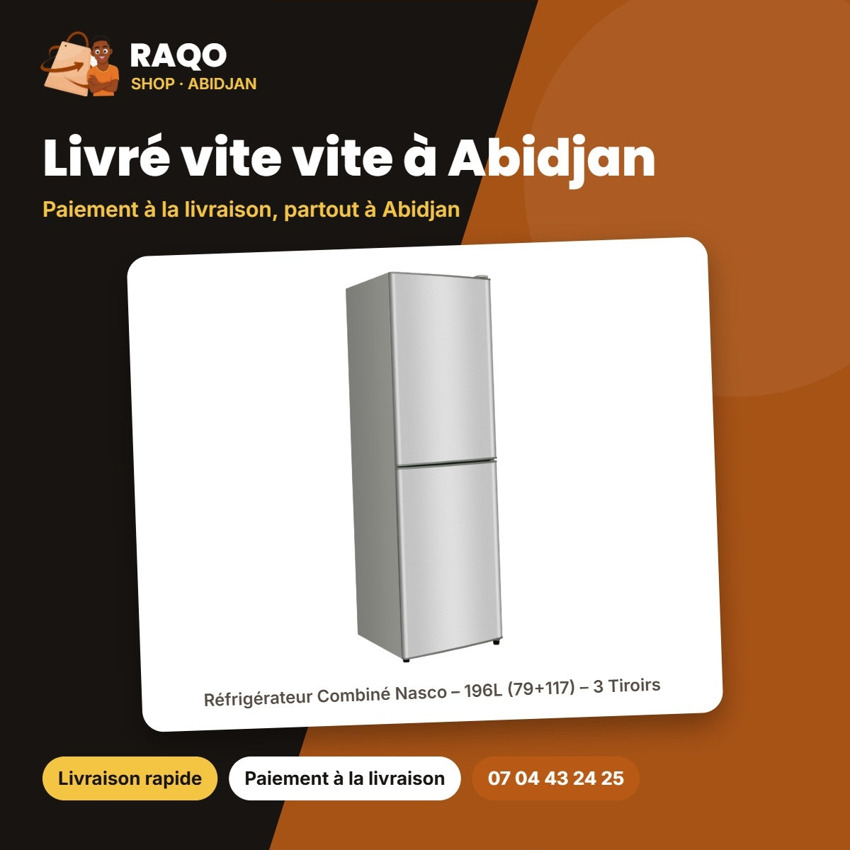 Réfrigérateur Combiné Nasco – 196L (79+117) – 3 Tiroirs – Noir | NASD2-293FL-GD