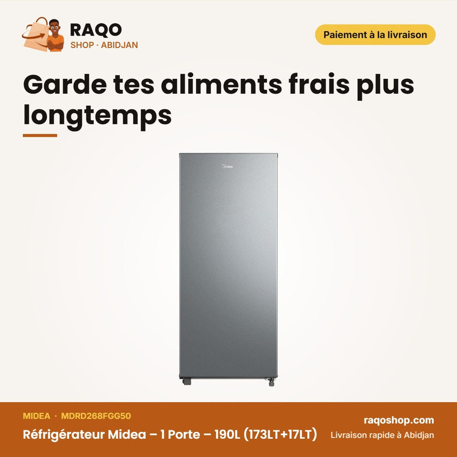 Réfrigérateur Midea – 1 Porte – 190L (173LT+17LT) – Silver-Argent | MDRD268FGG50