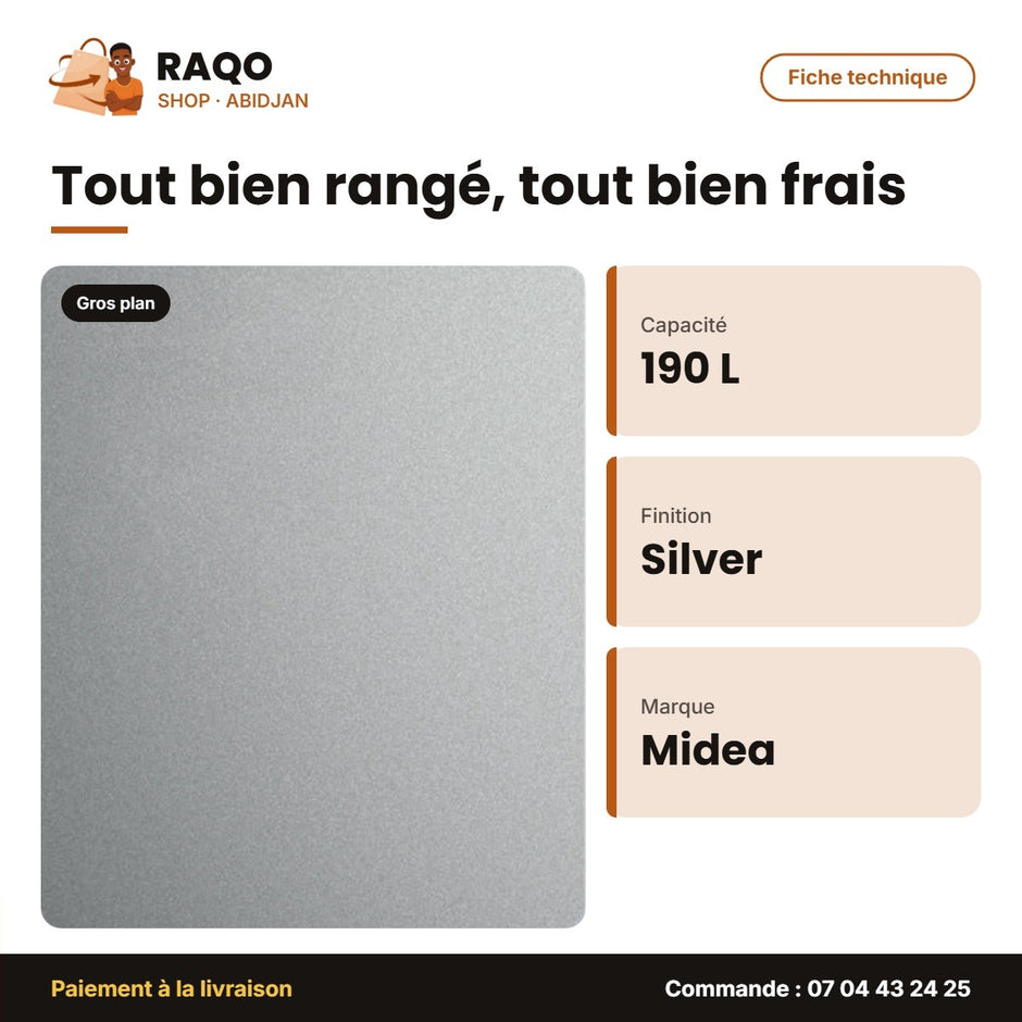 Réfrigérateur Midea – 1 Porte – 190L (173LT+17LT) – Silver-Argent | MDRD268FGG50