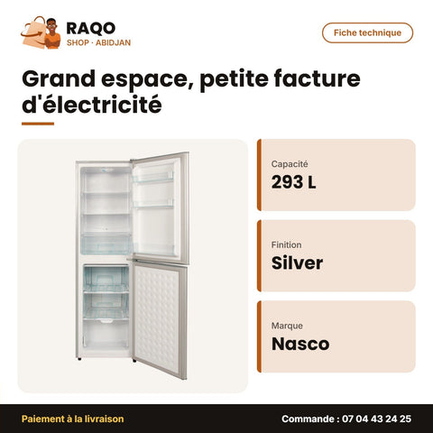 Réfrigérateur Combiné Nasco – 293LT(196LT Net) – 3TIROIRS – Silver | NASD2-293FL