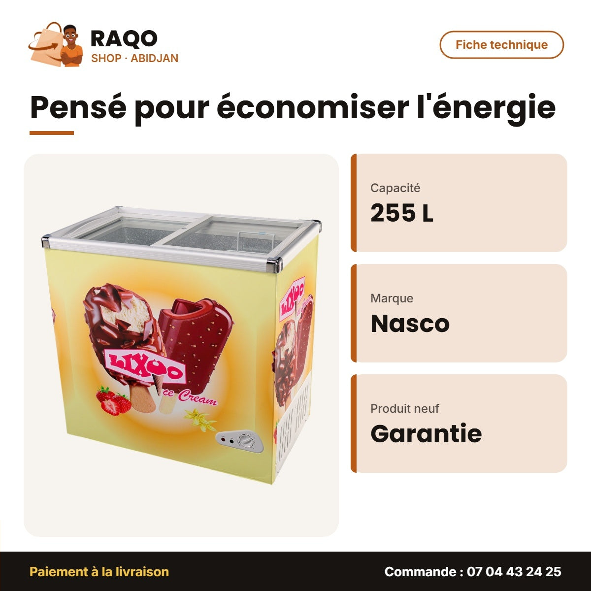 Congélateur Horizontal Nasco – 255L – Vitré – 2 Portes Couliss. | NAS-FS255FL