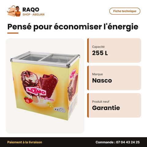 Congélateur Horizontal Nasco – 255L – Vitré – 2 Portes Couliss. | NAS-FS255FL