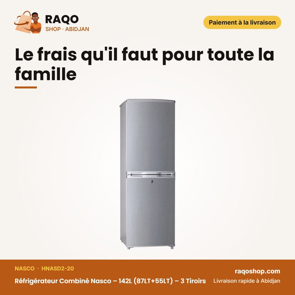 Réfrigérateur Combiné Nasco – 142L (87LT+55LT) – 3 Tiroirs – Gris | HNASD2-20