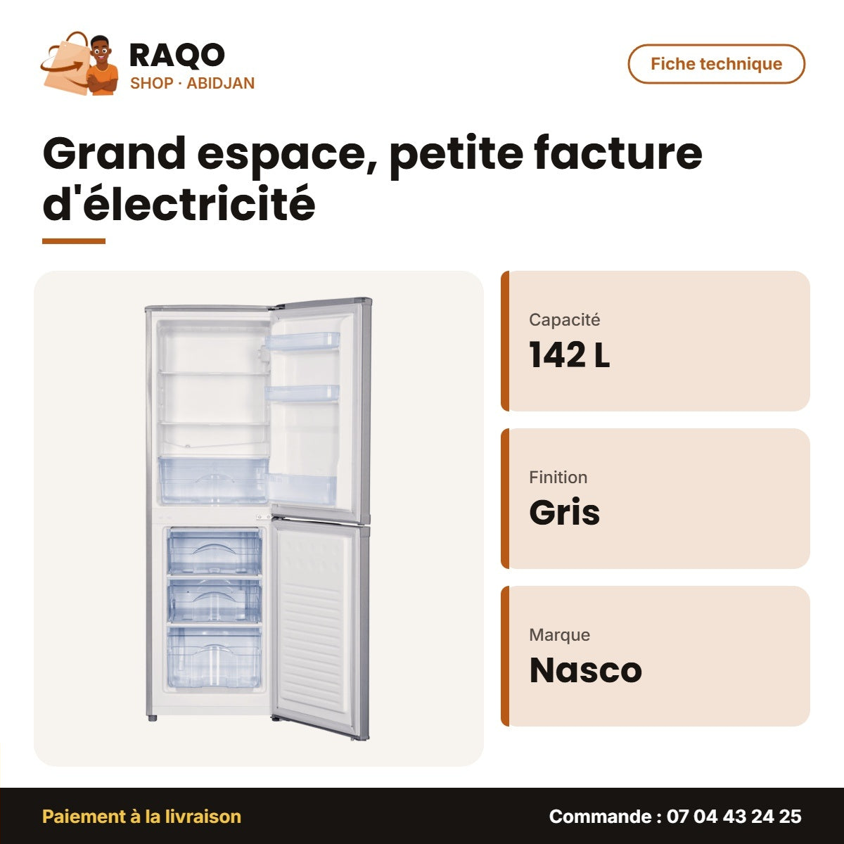 Réfrigérateur Combiné Nasco – 142L (87LT+55LT) – 3 Tiroirs – Gris | HNASD2-20