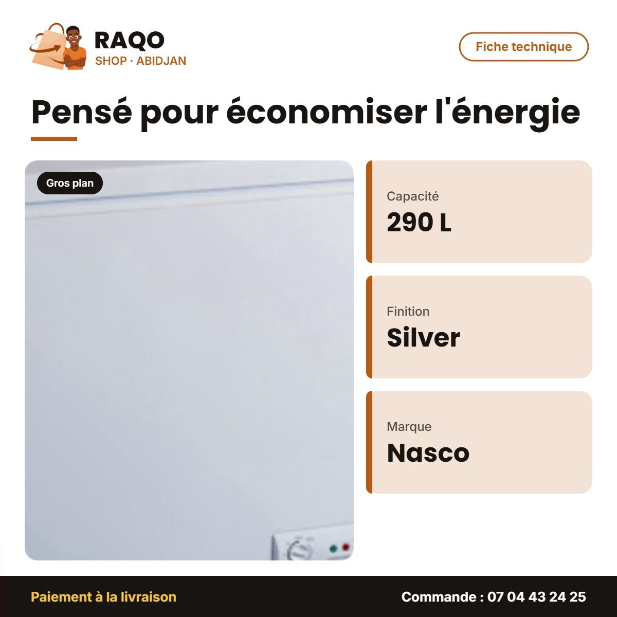 Congélateur Horizontal Nasco Silver 290L – 1 Porte – 1 Panier à L'interieur – Clé | KNAS-400
