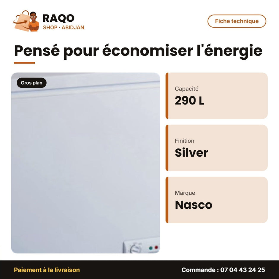 Congélateur Horizontal Nasco Silver 290L – 1 Porte – 1 Panier à L'interieur – Clé | KNAS-400