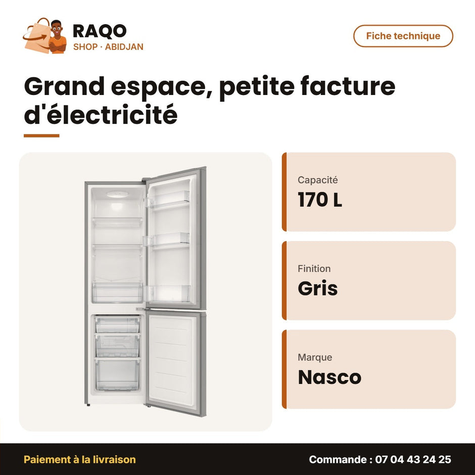 Réfrigérateur Combiné Nasco – 3 Tiroirs – Gris Fonce – 170L Net | SNASD2-250