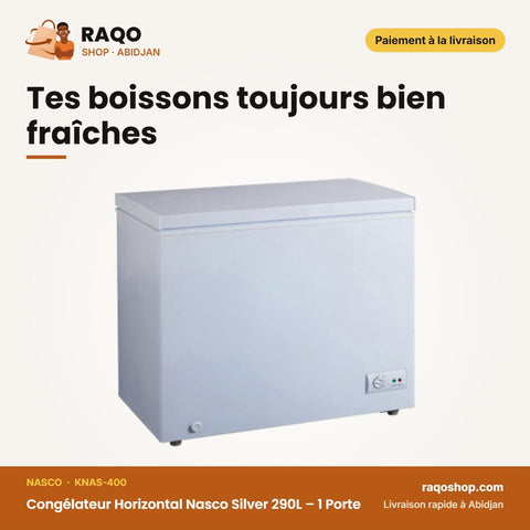 Congélateur Horizontal Nasco Silver 290L – 1 Porte – 1 Panier à L'interieur – Clé | KNAS-400