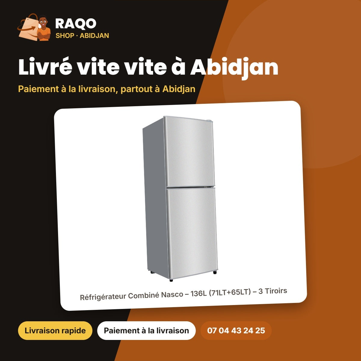 Réfrigérateur Combiné Nasco – 136L (71LT+65LT) – 3 Tiroirs – Noir-Miroir | NASD2-203FL-GD