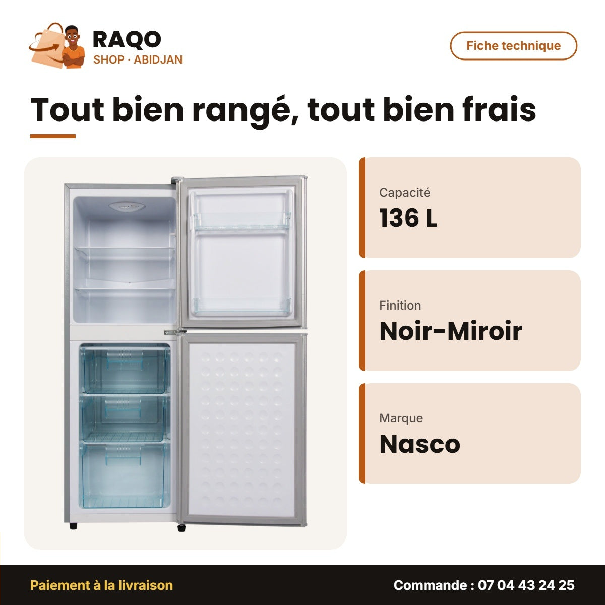 Réfrigérateur Combiné Nasco – 136L (71LT+65LT) – 3 Tiroirs – Noir-Miroir | NASD2-203FL-GD