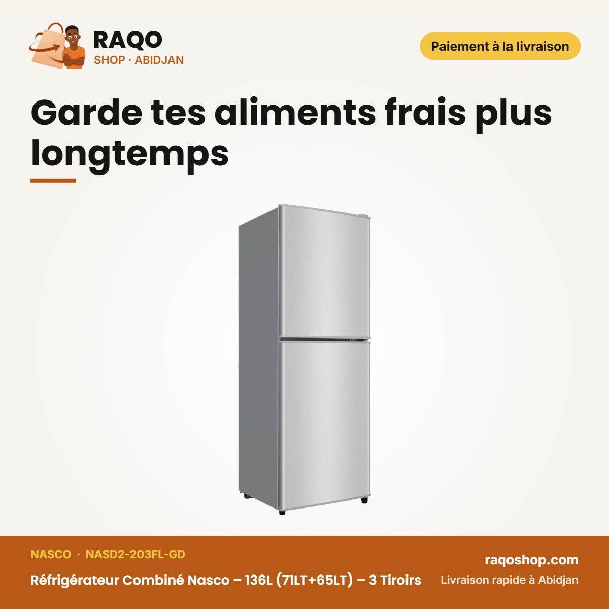 Réfrigérateur Combiné Nasco – 136L (71LT+65LT) – 3 Tiroirs – Noir-Miroir | NASD2-203FL-GD