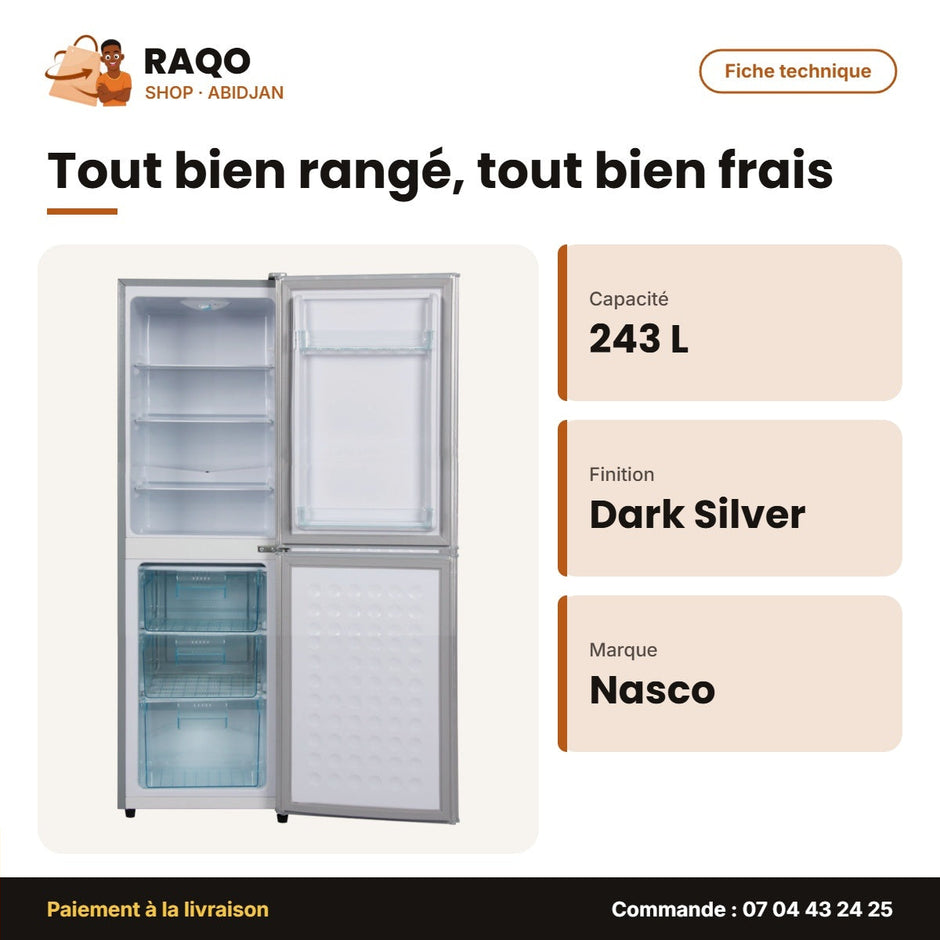 Réfrigérateur Combiné Nasco – 243L(158L Net) – 3TIROIRS – Dark Silver | NASD2-243FL-DS