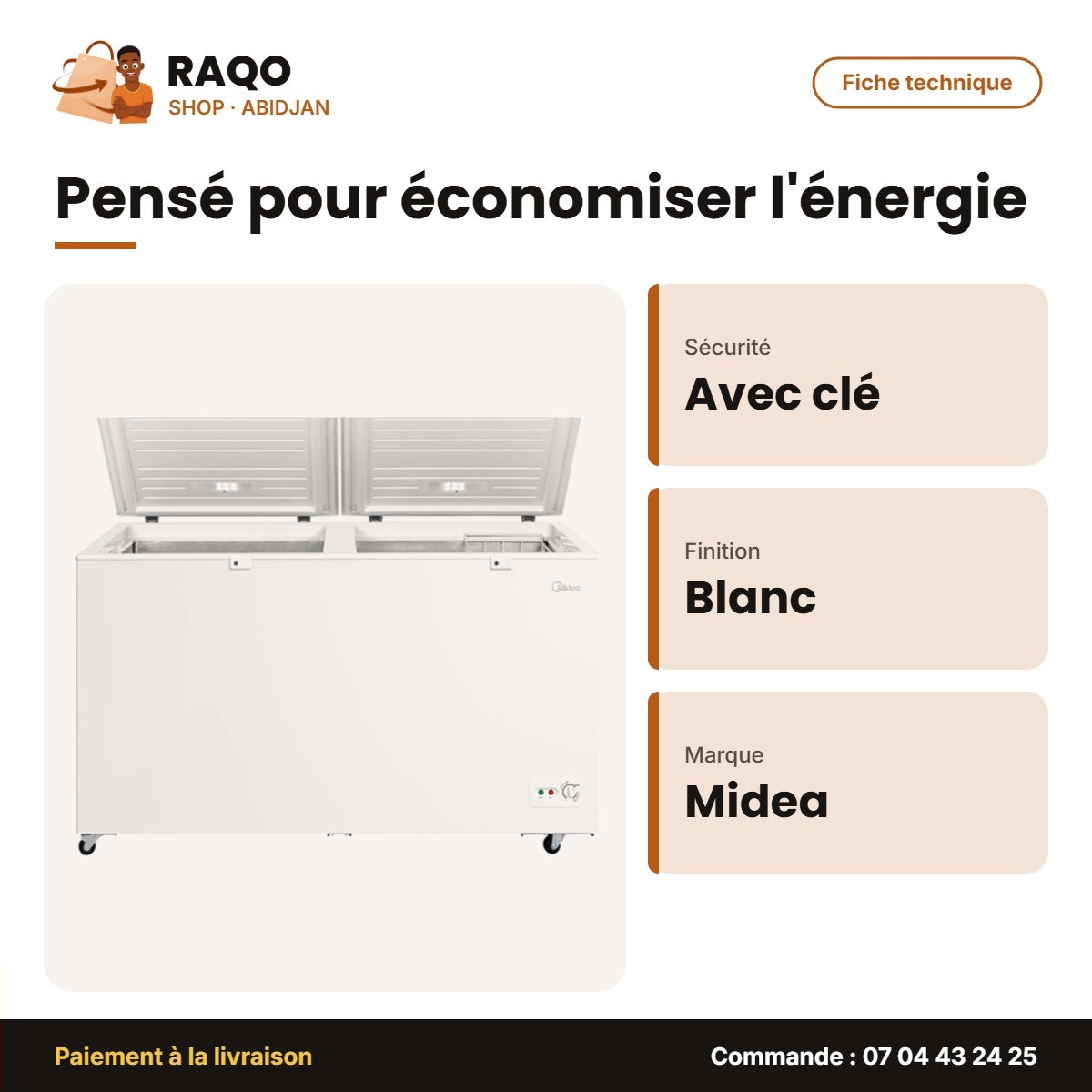 Congélateur Horizontal Midea – Blanc – 2 Battants – Avec Clé | MDRC698FZE01