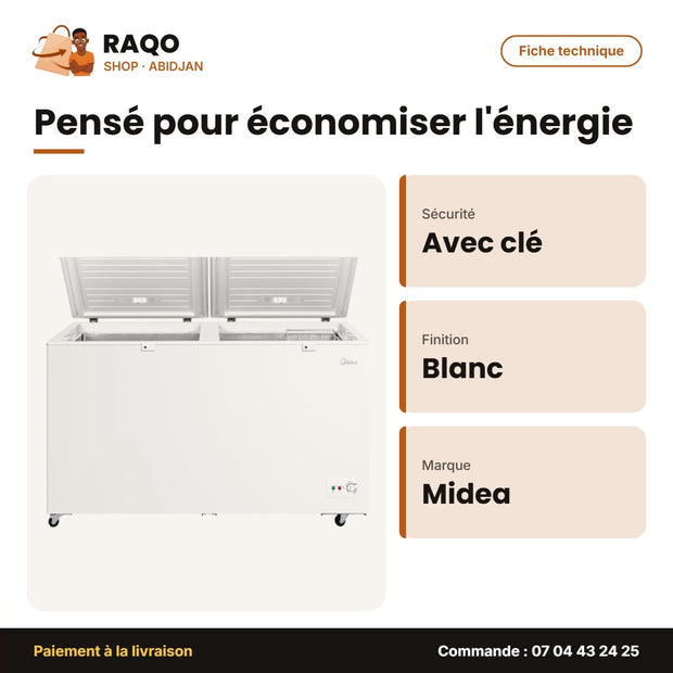 Congélateur Horizontal Midea – Blanc – 2 Battants – Avec Clé | MDRC698FZE01