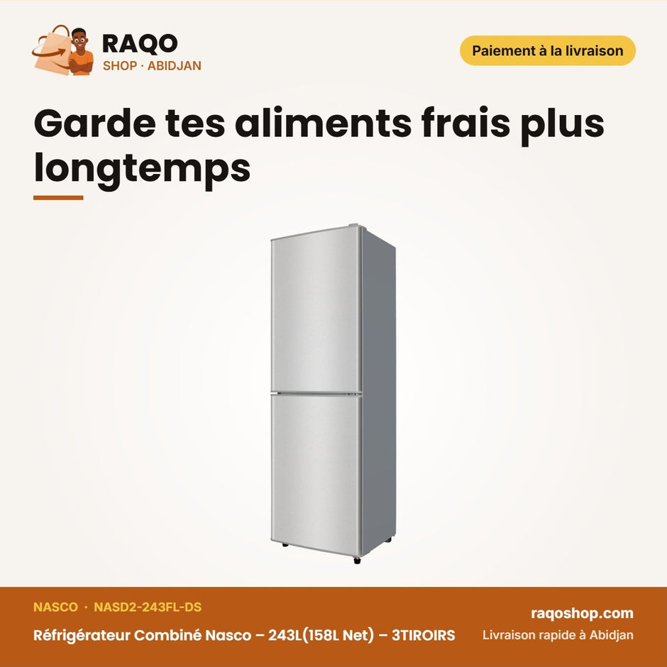 Réfrigérateur Combiné Nasco – 243L(158L Net) – 3TIROIRS – Dark Silver | NASD2-243FL-DS