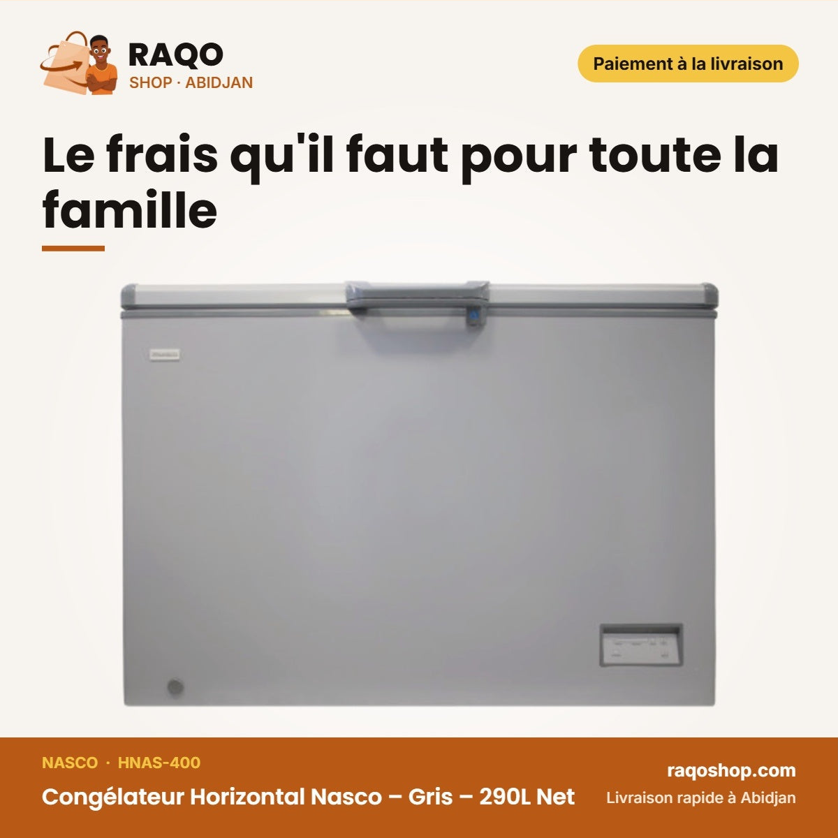 Congélateur Horizontal Nasco – Gris – 290L Net – 2 Paniers Internes | HNAS-400