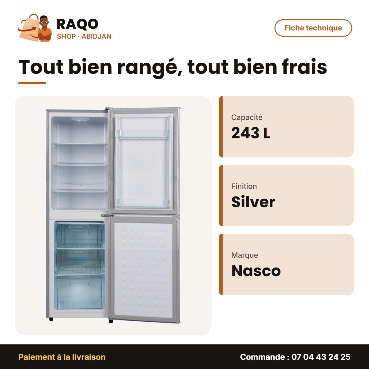 Réfrigérateur Combiné Nasco – 243LT(158LT Net) – 3TIROIRS – Silver | NASD2-243FL
