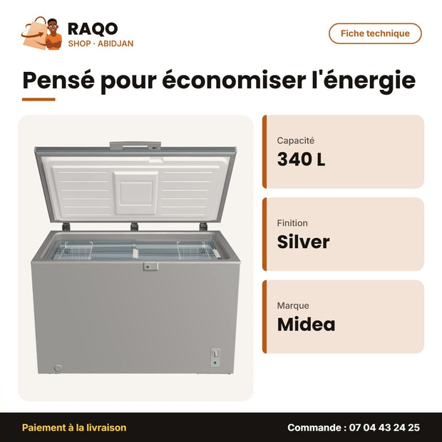 Congélateur Horizontal Midea – 340L – Porte Interne Vitré – Silver | MDRC479FZG43