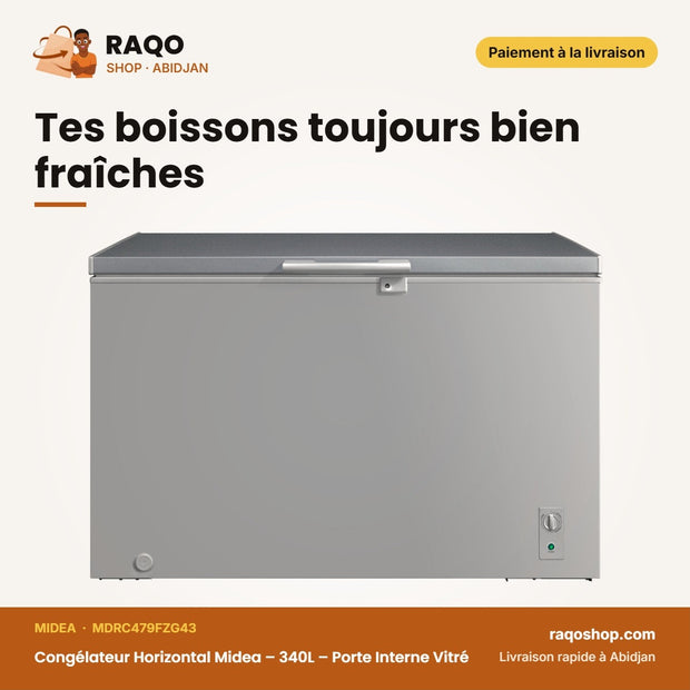 Congélateur Horizontal Midea – 340L – Porte Interne Vitré – Silver | MDRC479FZG43