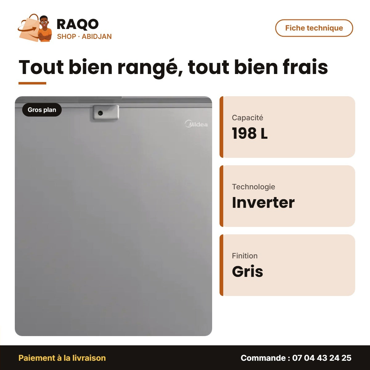 Congélateur Horizontal Midea – 198L – Inverter – Gris | MDRC362FZG43D