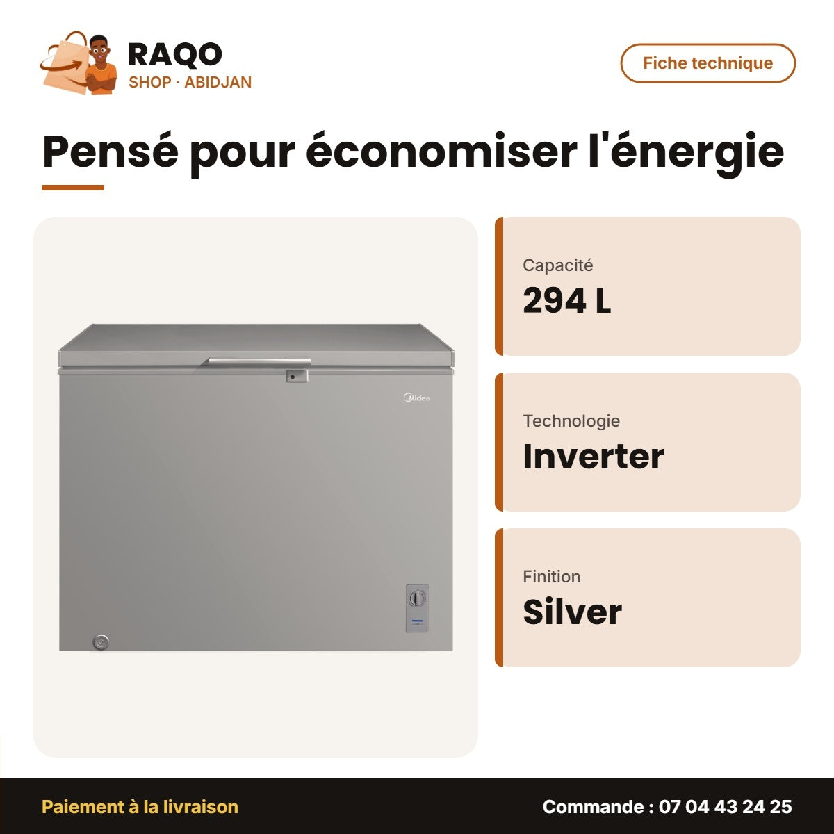 Congélateur Horizontal Midea – 294L – Inverter – Silver | MDRC407FZG43NGG