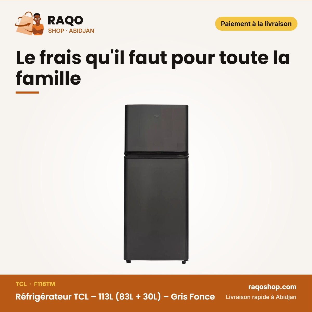 Réfrigérateur TCL – 113L (83L + 30L) – Gris Fonce | F118TM
