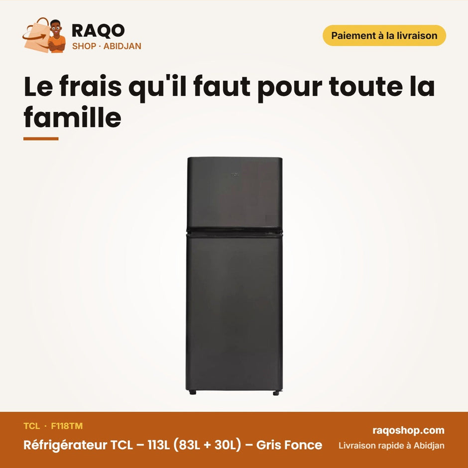 Réfrigérateur TCL – 113L (83L + 30L) – Gris Fonce | F118TM
