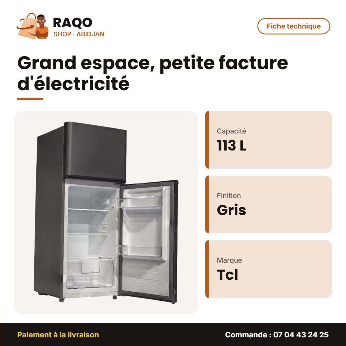 Réfrigérateur TCL – 113L (83L + 30L) – Gris Fonce | F118TM