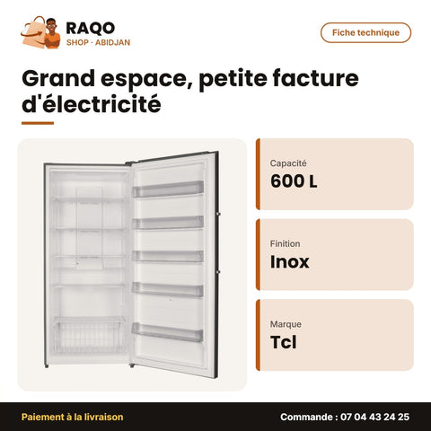 Congélateur Vertical TCL – No-Frost – Inox – 600L | P780SDN
