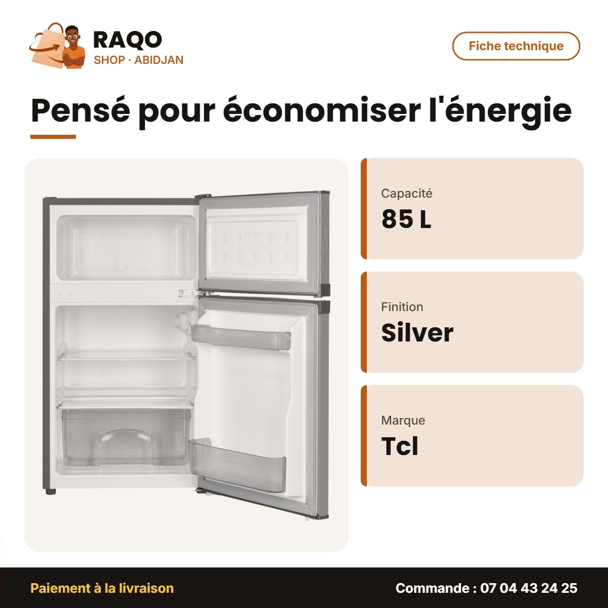 Mini Réfrigérateur Double Porte TCL – 85L (61LT+24LT) – Silver | F112TMS