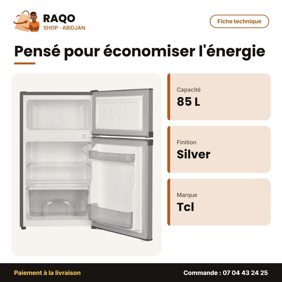 Mini Réfrigérateur Double Porte TCL – 85L (61LT+24LT) – Silver | F112TMS