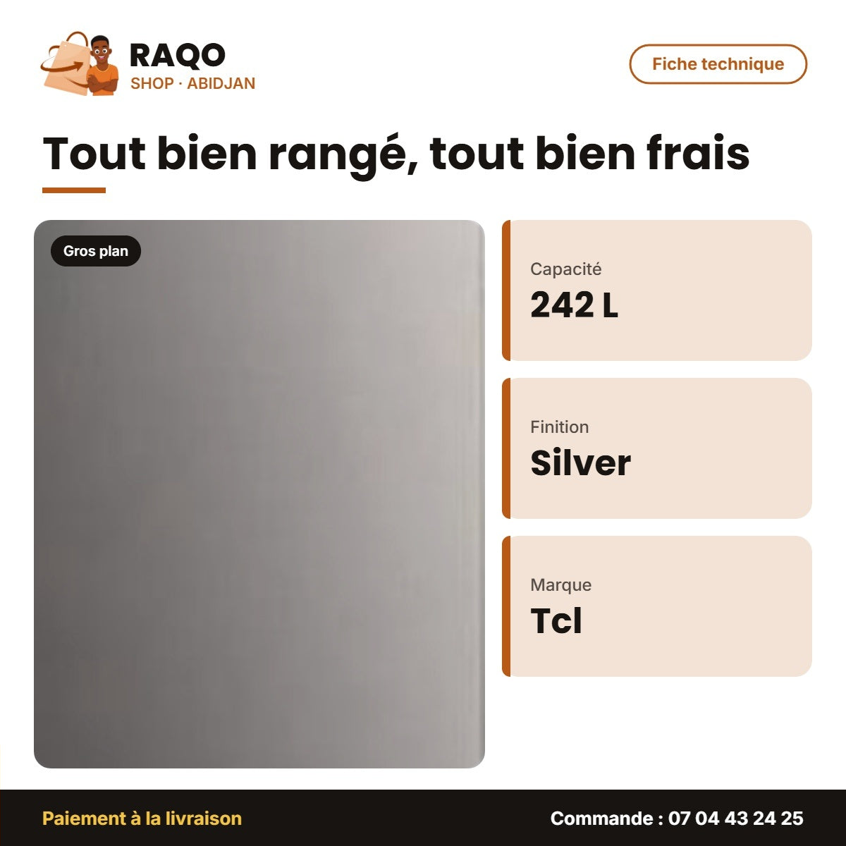 Congélateur Vertical TCL – 242L – 7 Tiroirs – Silver | F293SDS