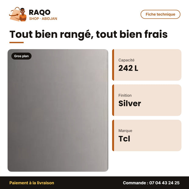 Congélateur Vertical TCL – 242L – 7 Tiroirs – Silver | F293SDS