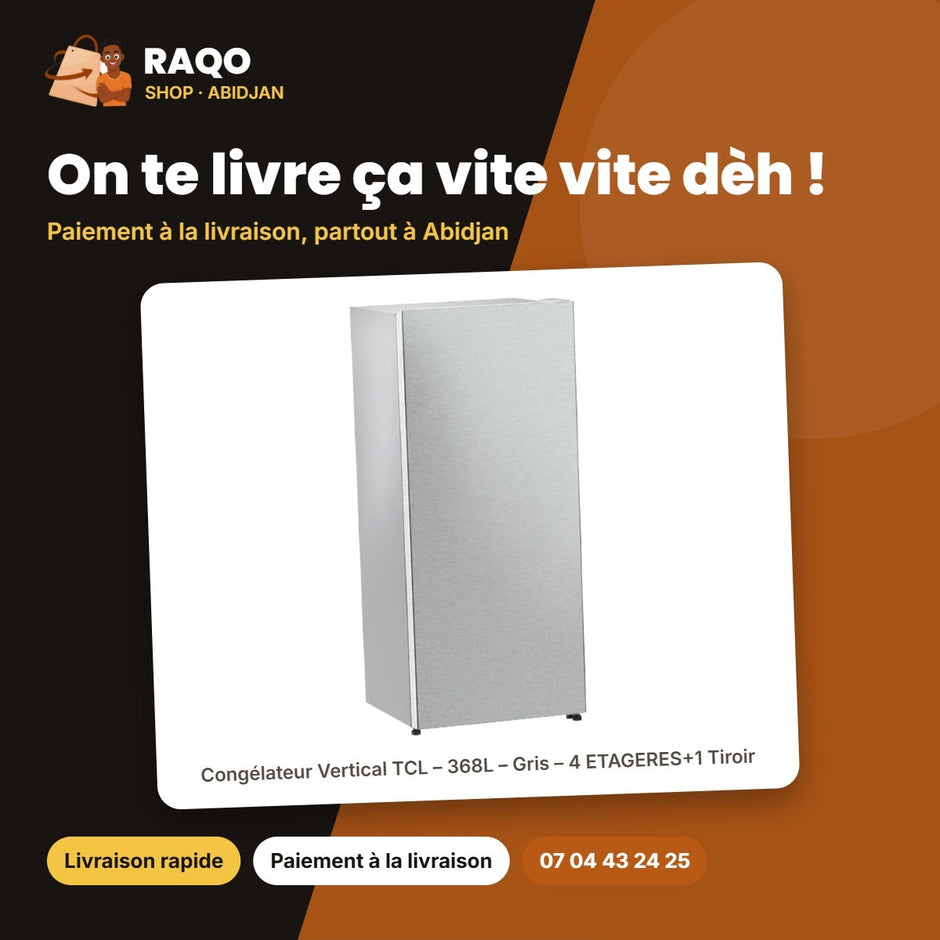 Congélateur Vertical TCL – 368L – Gris – 4 ETAGERES+1 Tiroir | P368SDG