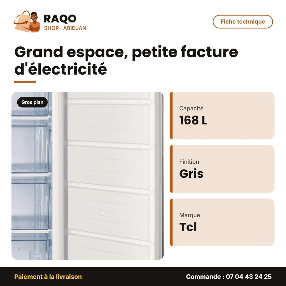 Congélateur Vertical TCL – 168 L – Defrost – Gris | F208SDS