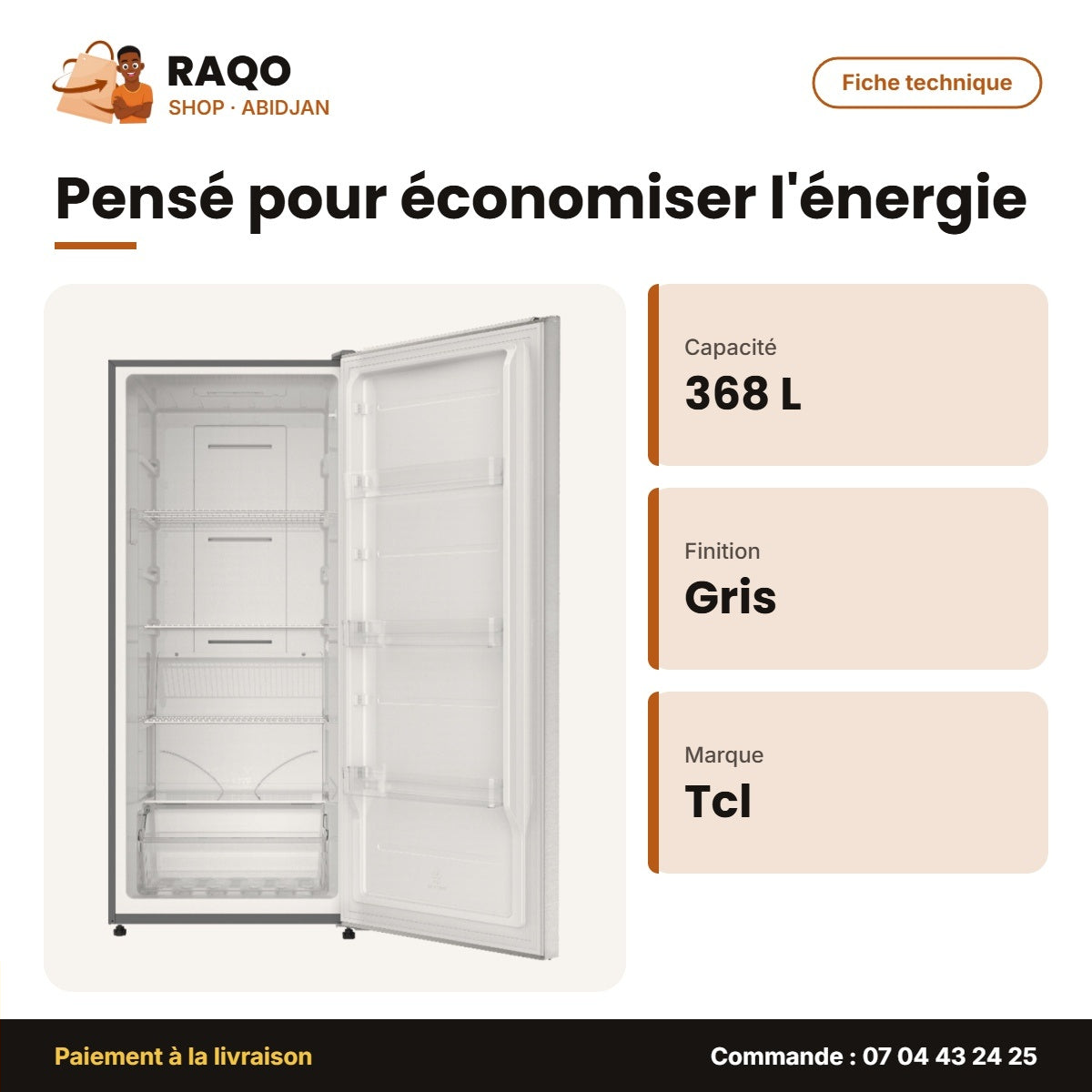 Congélateur Vertical TCL – 368L – Gris – 4 ETAGERES+1 Tiroir | P368SDG
