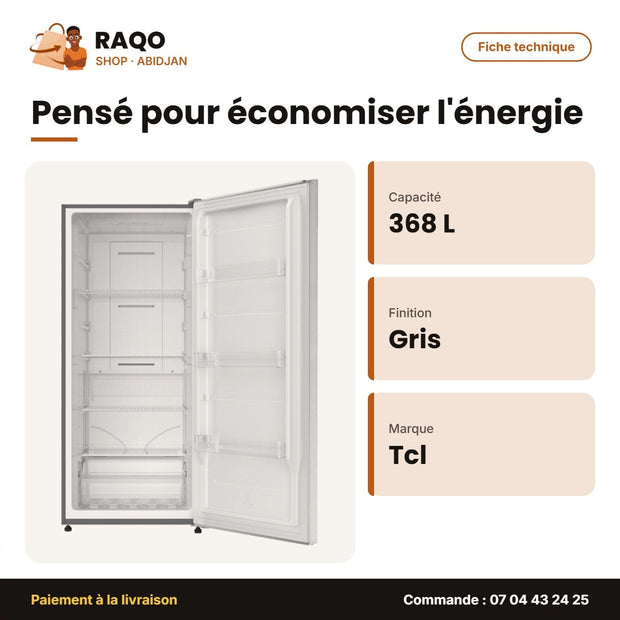 Congélateur Vertical TCL – 368L – Gris – 4 ETAGERES+1 Tiroir | P368SDG