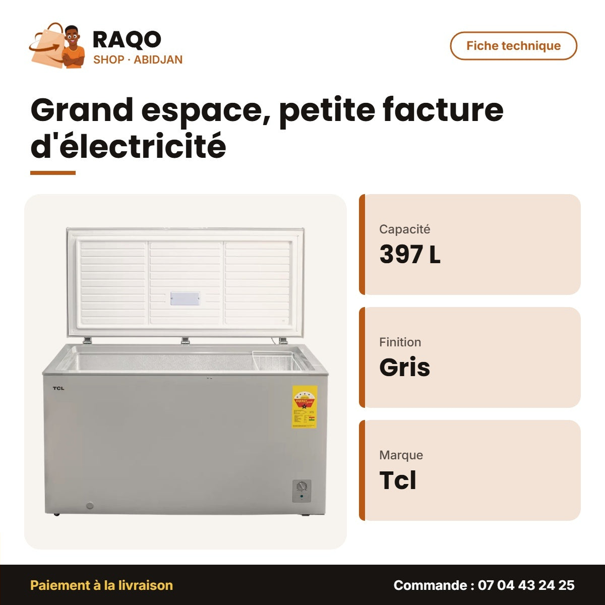 Congélateur Horizontal TCL – 397 L – Gris – 1 Panier Interne | F400CF
