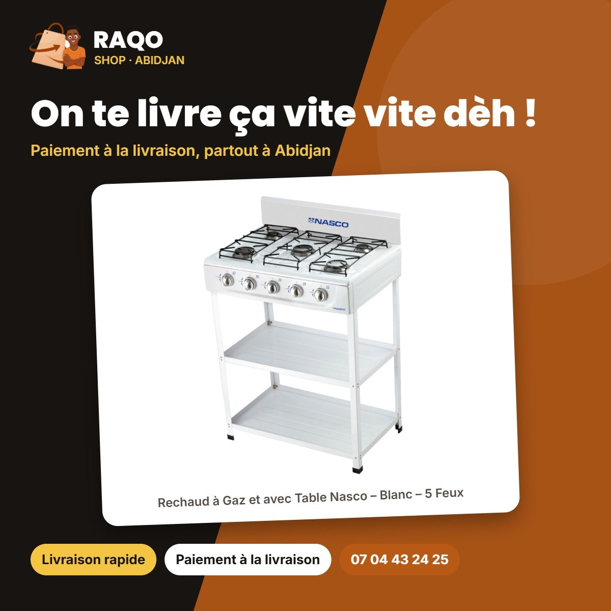 Rechaud à Gaz et avec Table Nasco – Blanc – 5 Feux – Bruleur à Gaz Noir | NASGS-K5BW-S
