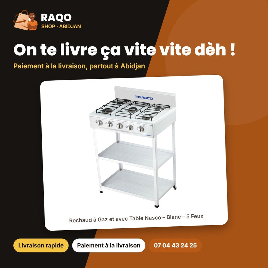 Rechaud à Gaz et avec Table Nasco – Blanc – 5 Feux – Bruleur à Gaz Noir | NASGS-K5BW-S