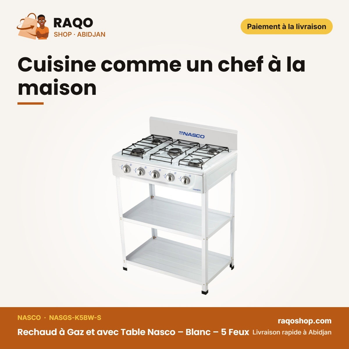 Rechaud à Gaz et avec Table Nasco – Blanc – 5 Feux – Bruleur à Gaz Noir | NASGS-K5BW-S