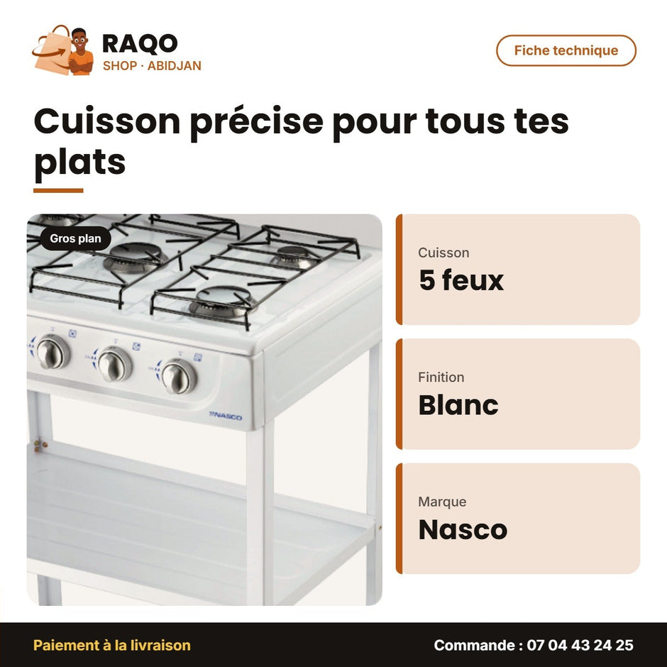 Rechaud à Gaz et avec Table Nasco – Blanc – 5 Feux – Bruleur à Gaz Noir | NASGS-K5BW-S